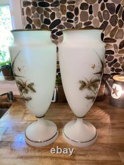 Pair Of Large Victorian Raised Hand-Painted Satin Glass Birds & Floral VASE