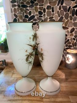 Pair Of Large Victorian Raised Hand-Painted Satin Glass Birds & Floral VASE