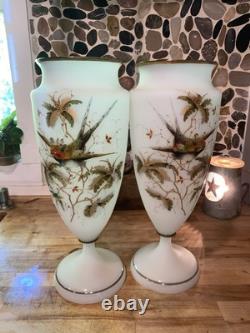 Pair Of Large Victorian Raised Hand-Painted Satin Glass Birds & Floral VASE