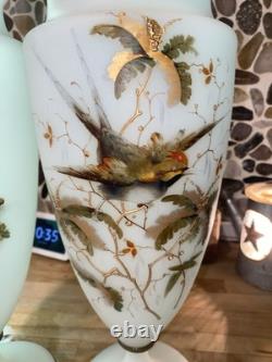 Pair Of Large Victorian Raised Hand-Painted Satin Glass Birds & Floral VASE