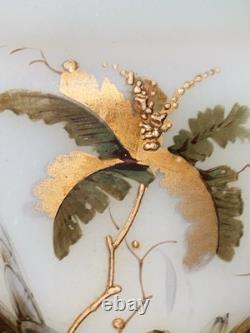 Pair Of Large Victorian Raised Hand-Painted Satin Glass Birds & Floral VASE