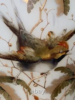 Pair Of Large Victorian Raised Hand-Painted Satin Glass Birds & Floral VASE