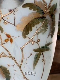 Pair Of Large Victorian Raised Hand-Painted Satin Glass Birds & Floral VASE