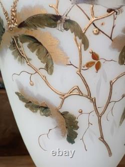 Pair Of Large Victorian Raised Hand-Painted Satin Glass Birds & Floral VASE