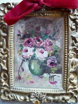 Pair Of Miniature Impressionist Floral Flowers Rose Roses, Vintage Oil Painting