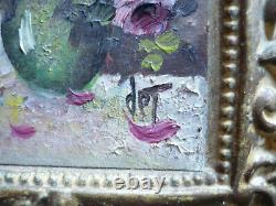 Pair Of Miniature Impressionist Floral Flowers Rose Roses, Vintage Oil Painting