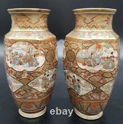 Pair Of Museum Quality Meiji Hexagonal Satsuma Vases With COA Signed FUKUBE