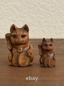 Pair Of Netsuke Antique Cat Signed Japanese Boxwood