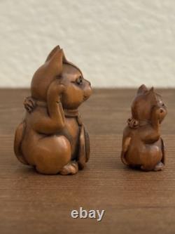 Pair Of Netsuke Antique Cat Signed Japanese Boxwood