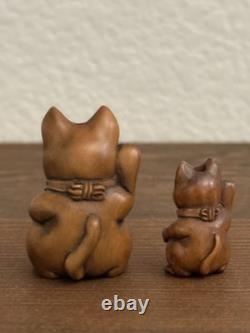 Pair Of Netsuke Antique Cat Signed Japanese Boxwood