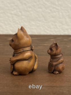 Pair Of Netsuke Antique Cat Signed Japanese Boxwood