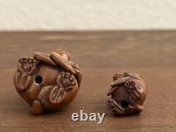 Pair Of Netsuke Antique Cat Signed Japanese Boxwood