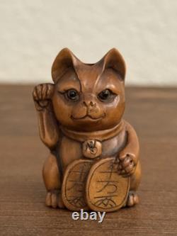 Pair Of Netsuke Antique Cat Signed Japanese Boxwood