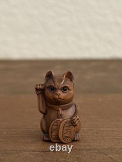 Pair Of Netsuke Antique Cat Signed Japanese Boxwood