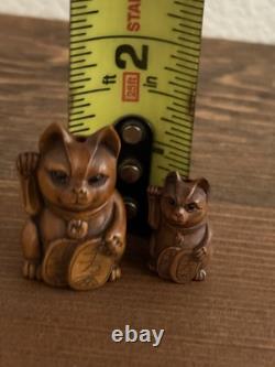 Pair Of Netsuke Antique Cat Signed Japanese Boxwood