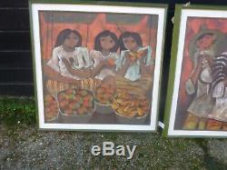 Pair Of Oil Paintings By Roger San Miguel Fruit Sellers And Boys With Cockerals