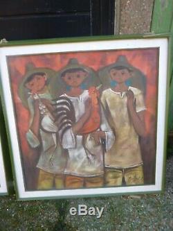Pair Of Oil Paintings By Roger San Miguel Fruit Sellers And Boys With Cockerals