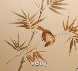 Pair Of Original Japanese Bird On Bamboo Watercolor Paintings Signed