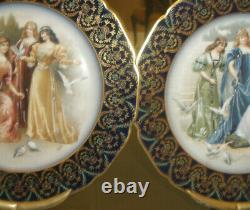 Pair Of Rare Antique Limoges Signed Women Portraits Painted Enamel Plates Museum