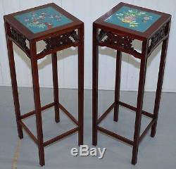 Pair Of Rosewood Chinese Chen Leung Plant Pot Jardiniere Stand Signed Fret Tiles