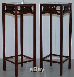 Pair Of Rosewood Chinese Chen Leung Plant Pot Jardiniere Stand Signed Fret Tiles