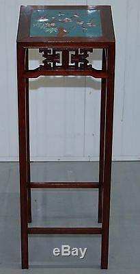 Pair Of Rosewood Chinese Chen Leung Plant Pot Jardiniere Stand Signed Fret Tiles