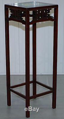 Pair Of Rosewood Chinese Chen Leung Plant Pot Jardiniere Stand Signed Fret Tiles