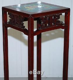 Pair Of Rosewood Chinese Chen Leung Plant Pot Jardiniere Stand Signed Fret Tiles