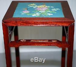 Pair Of Rosewood Chinese Chen Leung Plant Pot Jardiniere Stand Signed Fret Tiles