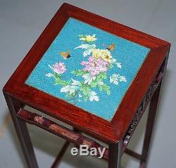 Pair Of Rosewood Chinese Chen Leung Plant Pot Jardiniere Stand Signed Fret Tiles