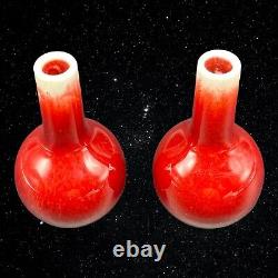 Pair Of Sang-de-Boeuf Glazed Porcelain Red Signed Miniature Bud Vases 4.25T 2W