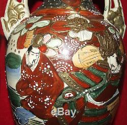 Pair Of Signed Antique Japanese Enameled Satsuma Vases Urns Handled Meiji Period