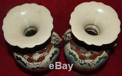 Pair Of Signed Antique Japanese Enameled Satsuma Vases Urns Handled Meiji Period