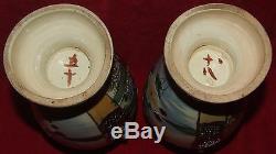 Pair Of Signed Antique Japanese Enameled Satsuma Vases Urns Handled Meiji Period