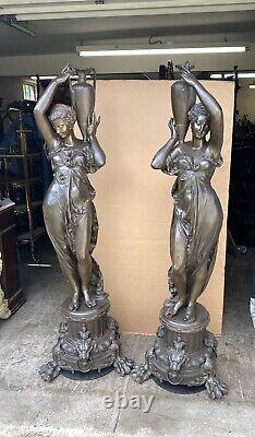 Pair Of Signed Incredible Large French Bronze Maiden Statues, 73 1/2 Tall