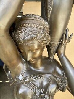 Pair Of Signed Incredible Large French Bronze Maiden Statues, 73 1/2 Tall