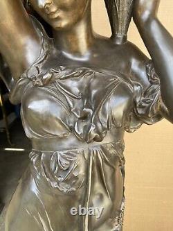 Pair Of Signed Incredible Large French Bronze Maiden Statues, 73 1/2 Tall