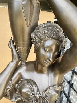 Pair Of Signed Incredible Large French Bronze Maiden Statues, 73 1/2 Tall