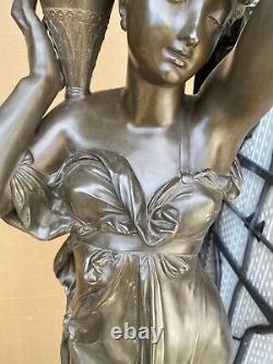 Pair Of Signed Incredible Large French Bronze Maiden Statues, 73 1/2 Tall