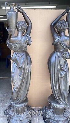 Pair Of Signed Incredible Large French Bronze Maiden Statues, 73 1/2 Tall