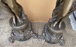 Pair Of Signed Incredible Large French Bronze Maiden Statues, 73 1/2 Tall