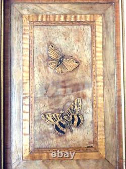 Pair Of Signed Marquetry Butterfly Antique Panels Well Framed & Ready To Hang