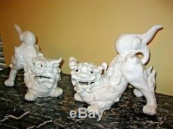 Pair Of Signed Oriental Japanese White Porcelain Foo Dogs Chinoiserie Figurines