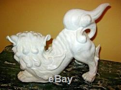 Pair Of Signed Oriental Japanese White Porcelain Foo Dogs Chinoiserie Figurines