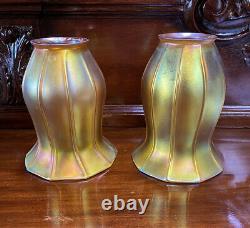 Pair Of Signed Quezal Iridescent Art Glass Shades