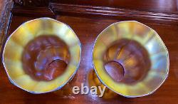 Pair Of Signed Quezal Iridescent Art Glass Shades