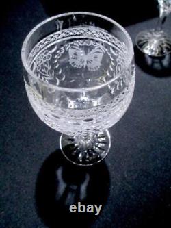 Pair Of Signed Varga Antique Butterfly 6 Crystal Wine Glasses
