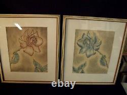Pair Of Vintage 1939 Oil Pastel On Paper Roses Paintings Signed' D I C