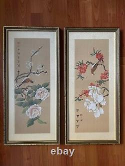 Pair Of Vintage Chinese Hand Painting Bird Flower on Silk Arts Signed