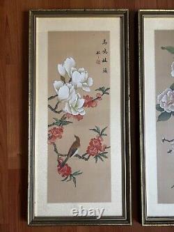 Pair Of Vintage Chinese Hand Painting Bird Flower on Silk Arts Signed